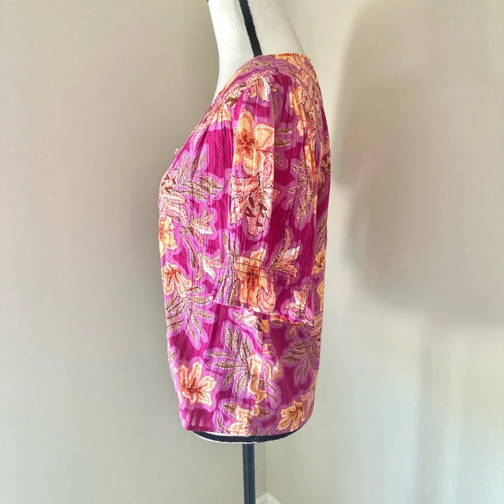 NWT Loft Vibrant Pink Floral Puff Sleeve Button-Up Blouse Size S